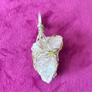 Artisan Silver and Gold Wire-Wrapped Pink Crystal Quartz Pendant love stone